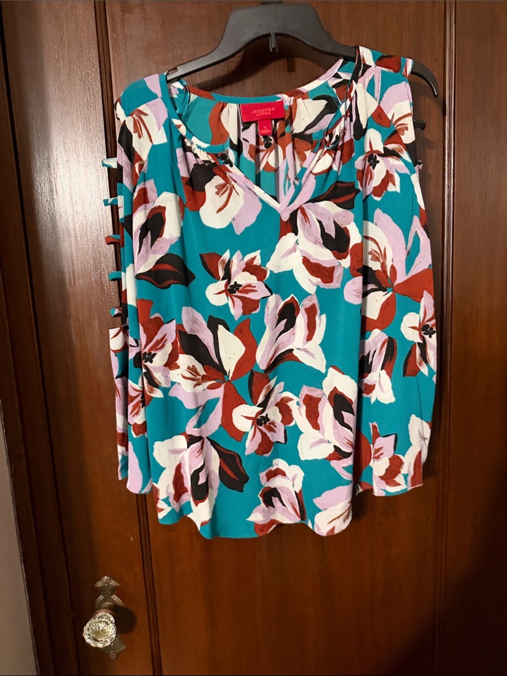 Jennifer Lopez Teal Floral Cold-Shoulder Blouse with Pink & Brown Accents